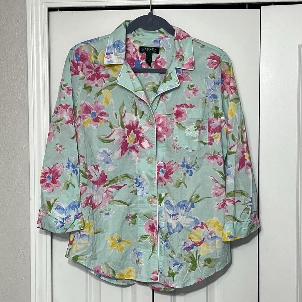 Vintage Ralph Lauren Pajama Top Womens L long sleeve Floral Cotton Button Shirt